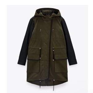 Like new! Zara Green and Black Faux Leather Hooded Jacket w Pockets- Lined- XS